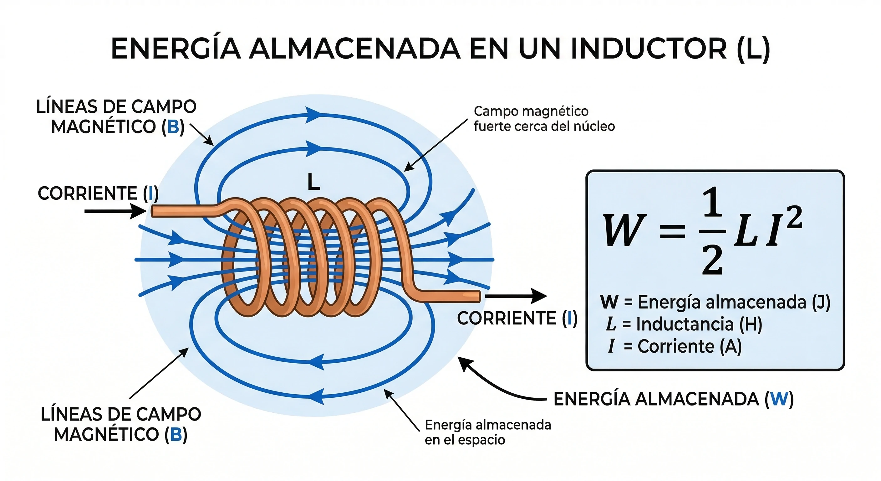 Energía almacenada en una bobina representada mediante el campo magnético generado por la corriente